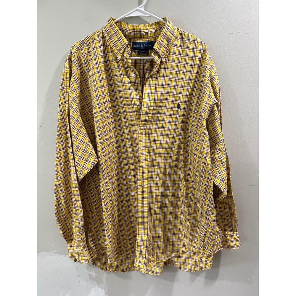 Vintage 90's Ralph Lauren Blake Shirt XL Yellow Plaid Cotton Button Down Mens